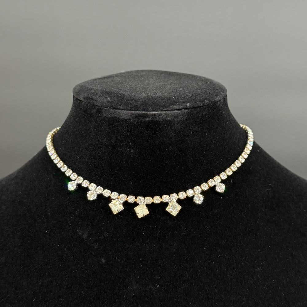 Vintage Clear Rhinestone Choker Necklace Silver Tone Drop Dangle